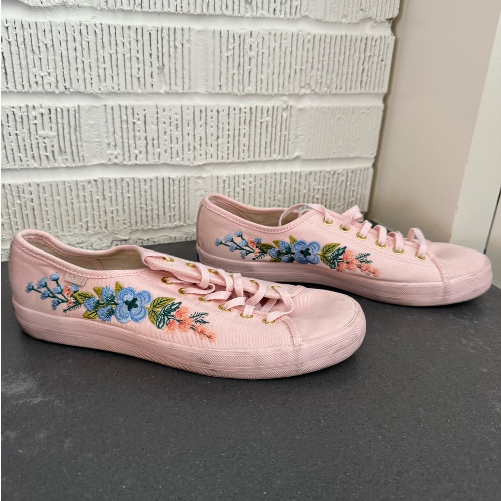Pink Rifle Paper Keds Sneakers with Blue Floral Embroidery
